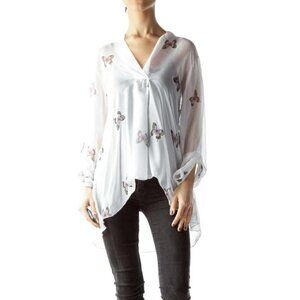 Lola Made in Italy White Butterfly Print Sheer Blouse Size Medium
